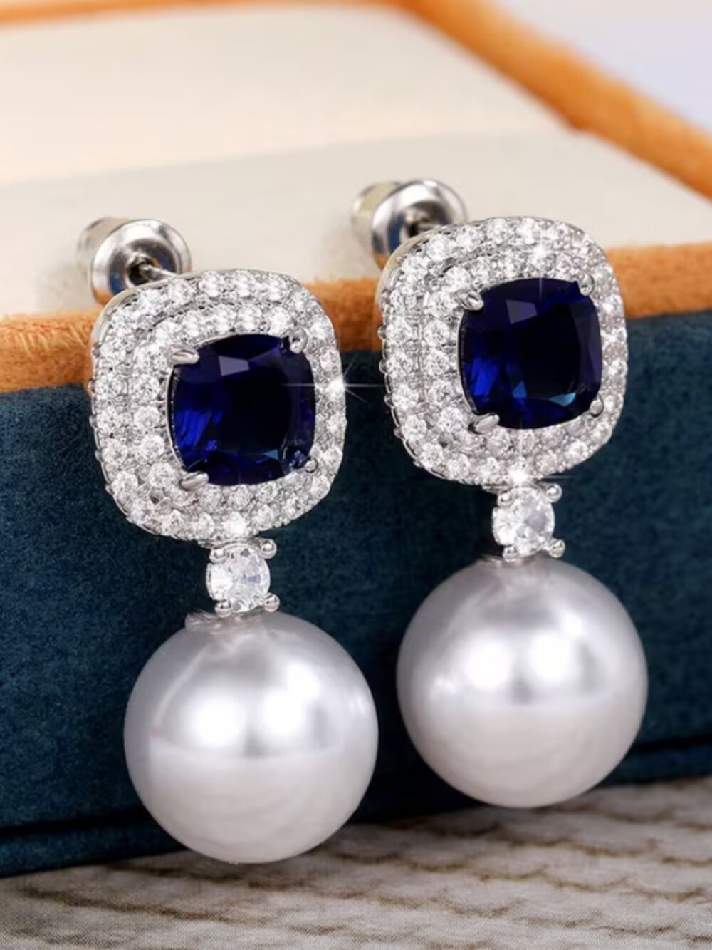 925 Silver Womens 2ct Blue Sapphire & Diamond Natural Pearl Earrings New Jewelry